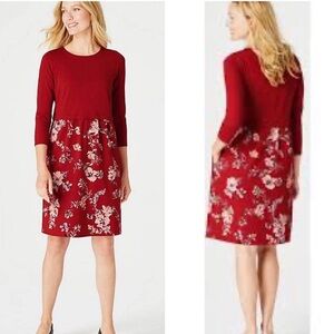 NEW $109 J.Jill Sepia Blossoms Knee-Length A-Line Dress Red Floral 2X 3/4 Sleeve
